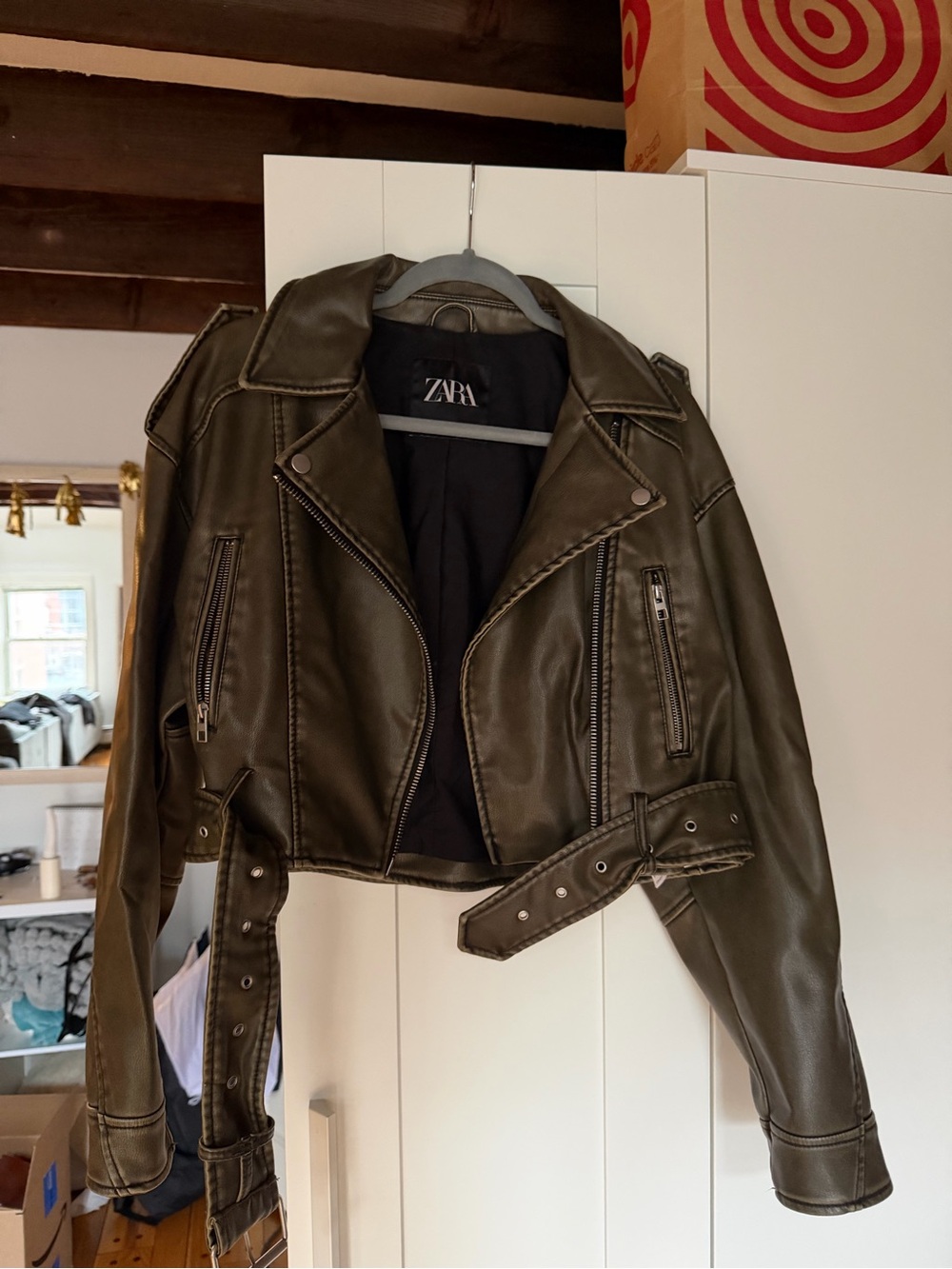 Zara Women's Olive Green Cropped Leather Jacket
